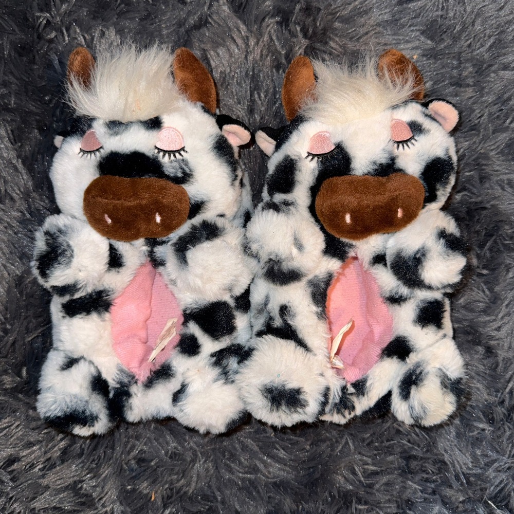 Wonder Nation Kids Cow Animal Plush Slippers 7-8 Black White Faux Fur Cozy